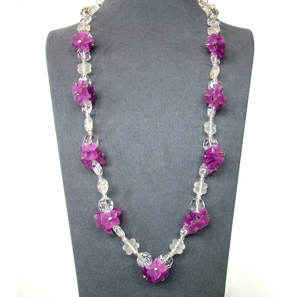Vintage Clear & Purple ACRYLIC  Floral Beaded Necklace & Spring Ring Clasp